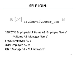 SELF JOIN
E E1.Ssn=E2.Super_ssn M
37
SELECT E.EmployeeId, E.Name AS 'Employee Name',
M.Name AS ‘Manager Name'
FROM Employee AS E
JOIN Employee AS M
ON E.ManagerId = M.EmployeeId
 