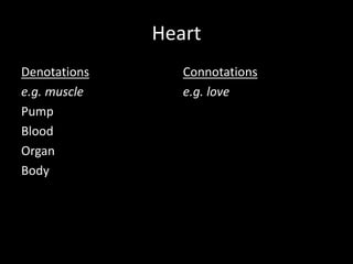 Heart
Denotations
e.g. muscle
Pump
Blood
Organ
Body
Connotations
e.g. love
 