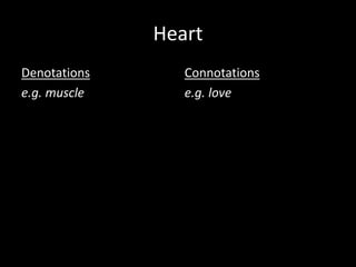 Heart
Denotations
e.g. muscle
Connotations
e.g. love
 