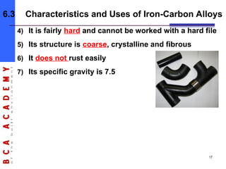 4) It is fairly hard and cannot be worked with a hard file
5) Its structure is coarse, crystalline and fibrous
6) It does not rust easily
7) Its specific gravity is 7.5
6.3 Characteristics and Uses of Iron-Carbon Alloys
17
 