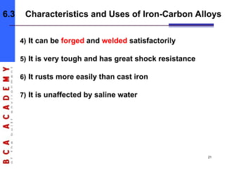 4) It can be forged and welded satisfactorily
5) It is very tough and has great shock resistance
6) It rusts more easily than cast iron
7) It is unaffected by saline water
6.3 Characteristics and Uses of Iron-Carbon Alloys
21
 