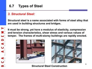 3. Structural Steel:
Structural steel is a name associated with forms of steel alloy that
are used in building structures and bridges.
It must be strong, yet have a modulus of elasticity, compression
and tension characteristics, shear stress and various values of
temper. The frames of multi-storey buildings are rapidly erected.
6.7 Types of Steel
Structural Steel Construction
32
 