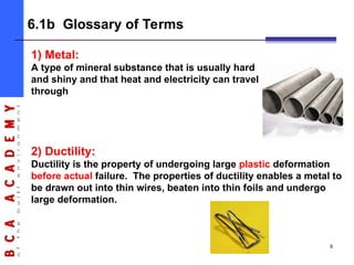6
6.1b Glossary of Terms
1) Metal:
A type of mineral substance that is usually hard
and shiny and that heat and electricity can travel
through
2) Ductility:
Ductility is the property of undergoing large plastic deformation
before actual failure. The properties of ductility enables a metal to
be drawn out into thin wires, beaten into thin foils and undergo
large deformation.
 