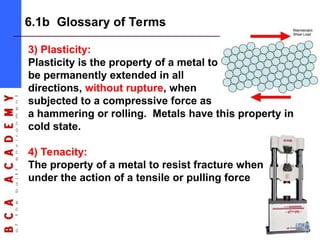 7
6.1b Glossary of Terms
3) Plasticity:
Plasticity is the property of a metal to
be permanently extended in all
directions, without rupture, when
subjected to a compressive force as
a hammering or rolling. Metals have this property in
cold state.
4) Tenacity:
The property of a metal to resist fracture when
under the action of a tensile or pulling force
 