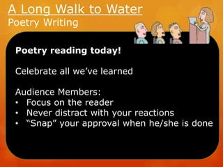 A Long Walk to Water
Poetry Writing

Poetry reading today!

Celebrate all we’ve learned
Audience Members:
• Focus on the reader
• Never distract with your reactions
• “Snap” your approval when he/she is done

 