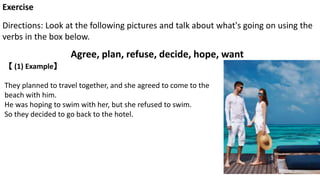 Exercise
Directions: Look at the following pictures and talk about what's going on using the
verbs in the box below.
Agree, plan, refuse, decide, hope, want
【 (1) Example】
They planned to travel together, and she agreed to come to the
beach with him.
He was hoping to swim with her, but she refused to swim.
So they decided to go back to the hotel.
 