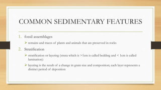 COMMON SEDIMENTARY FEATURES
1. fossil assemblages
 remains and traces of plants and animals that are preserved in rocks
2. Stratification
 stratification or layering (strata which is >1cm is called bedding and < 1cm is called
lamination):
 layering is the result of a change in grain size and composition; each layer represents a
distinct period of deposition
 