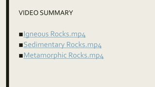 VIDEO SUMMARY
■Igneous Rocks.mp4
■Sedimentary Rocks.mp4
■Metamorphic Rocks.mp4
 