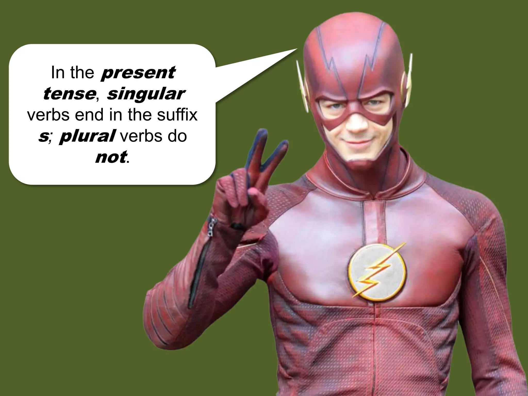In the present
tense, singular
verbs end in the suffix
s; plural verbs do
not.
 