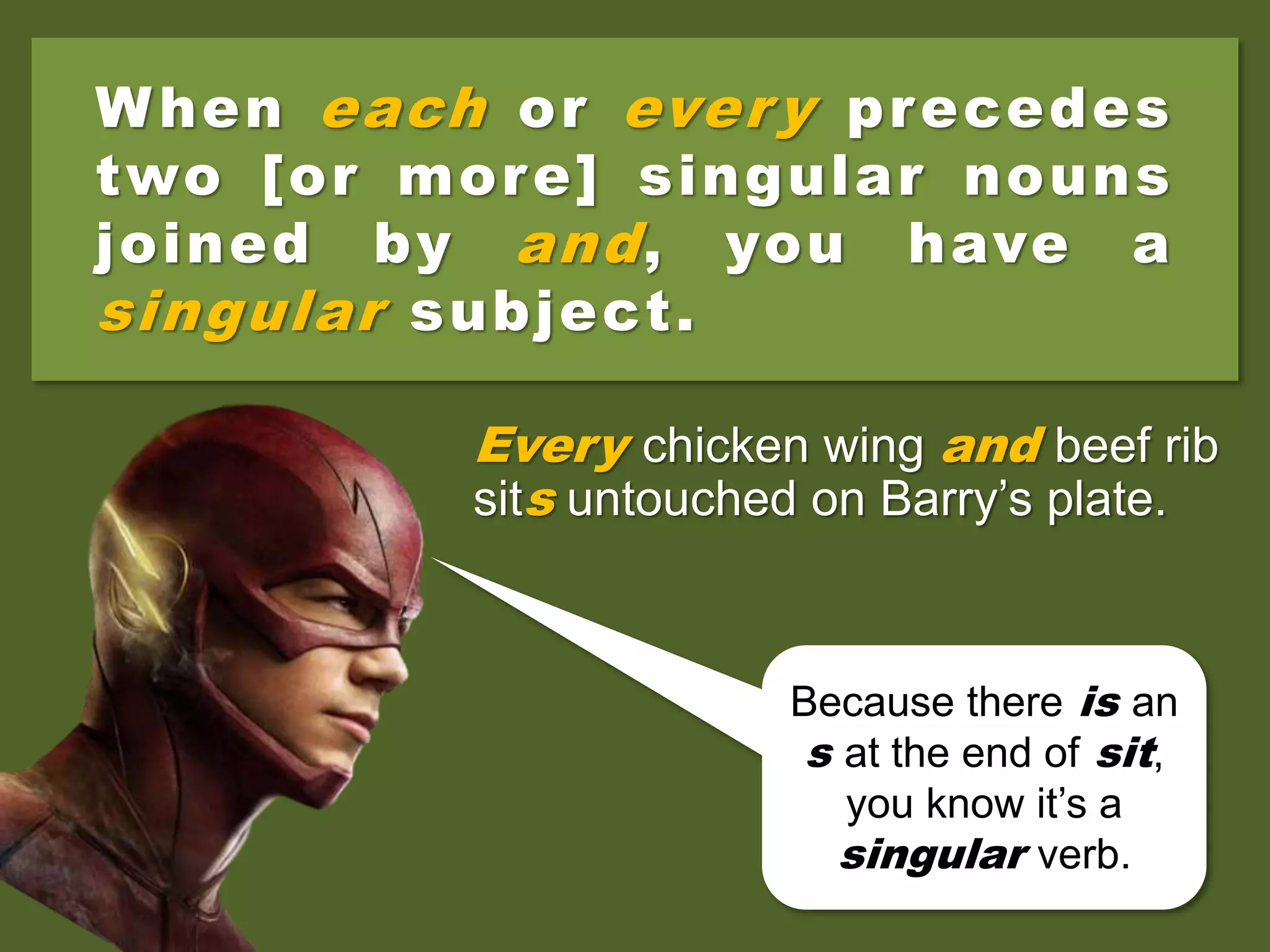Every chicken wing and beef rib
sits untouched on Barry’s plate.
When each or every precedes
two [or more] singular nouns
joined by and, you have a
singular subject.
Because there is an
s at the end of sit,
you know it’s a
singular verb.
 