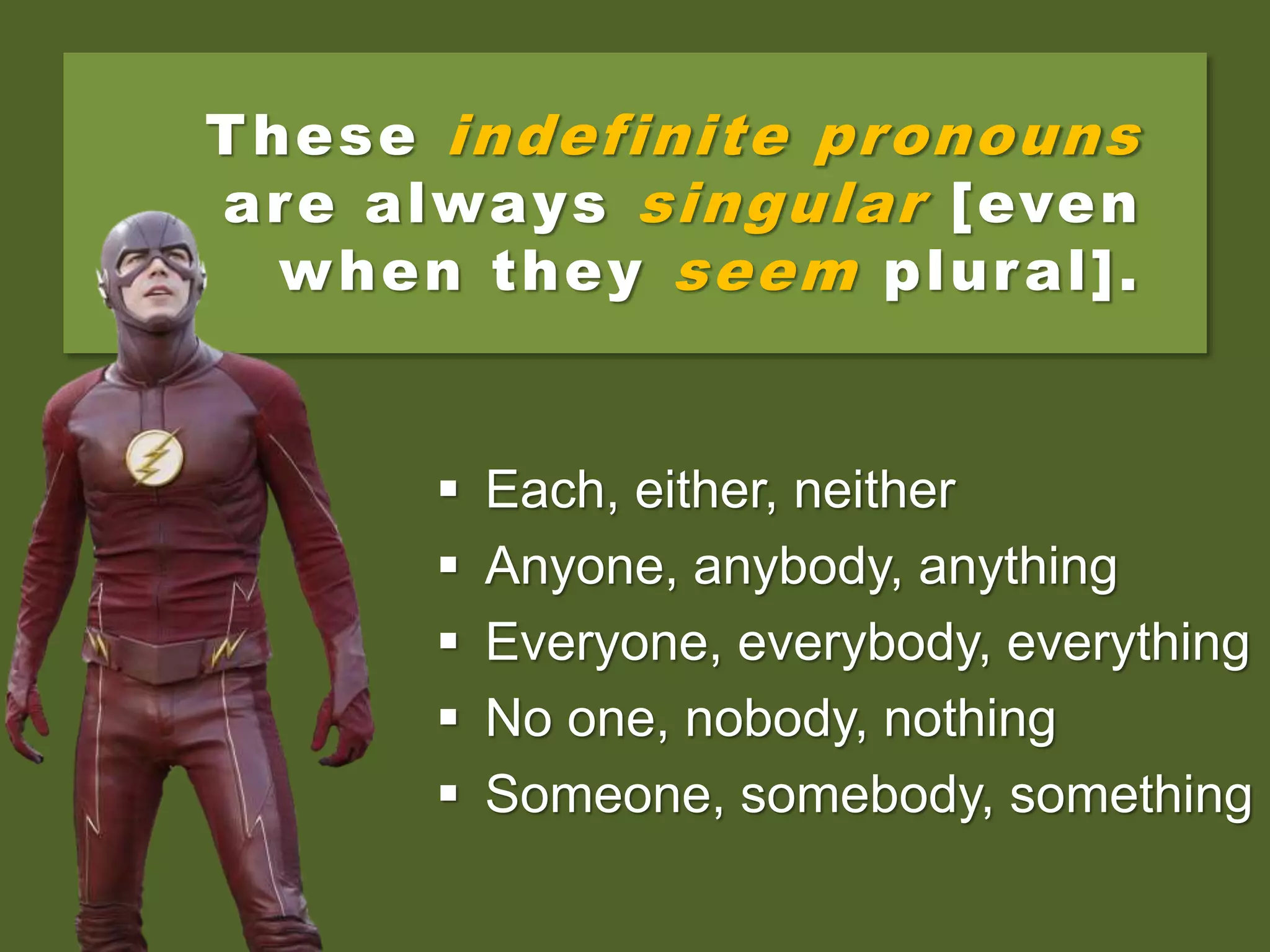 These indefinite pronouns
are always singular [even
when they seem plural].
 Each, either, neither
 Anyone, anybody, anything
 Everyone, everybody, everything
 No one, nobody, nothing
 Someone, somebody, something
 