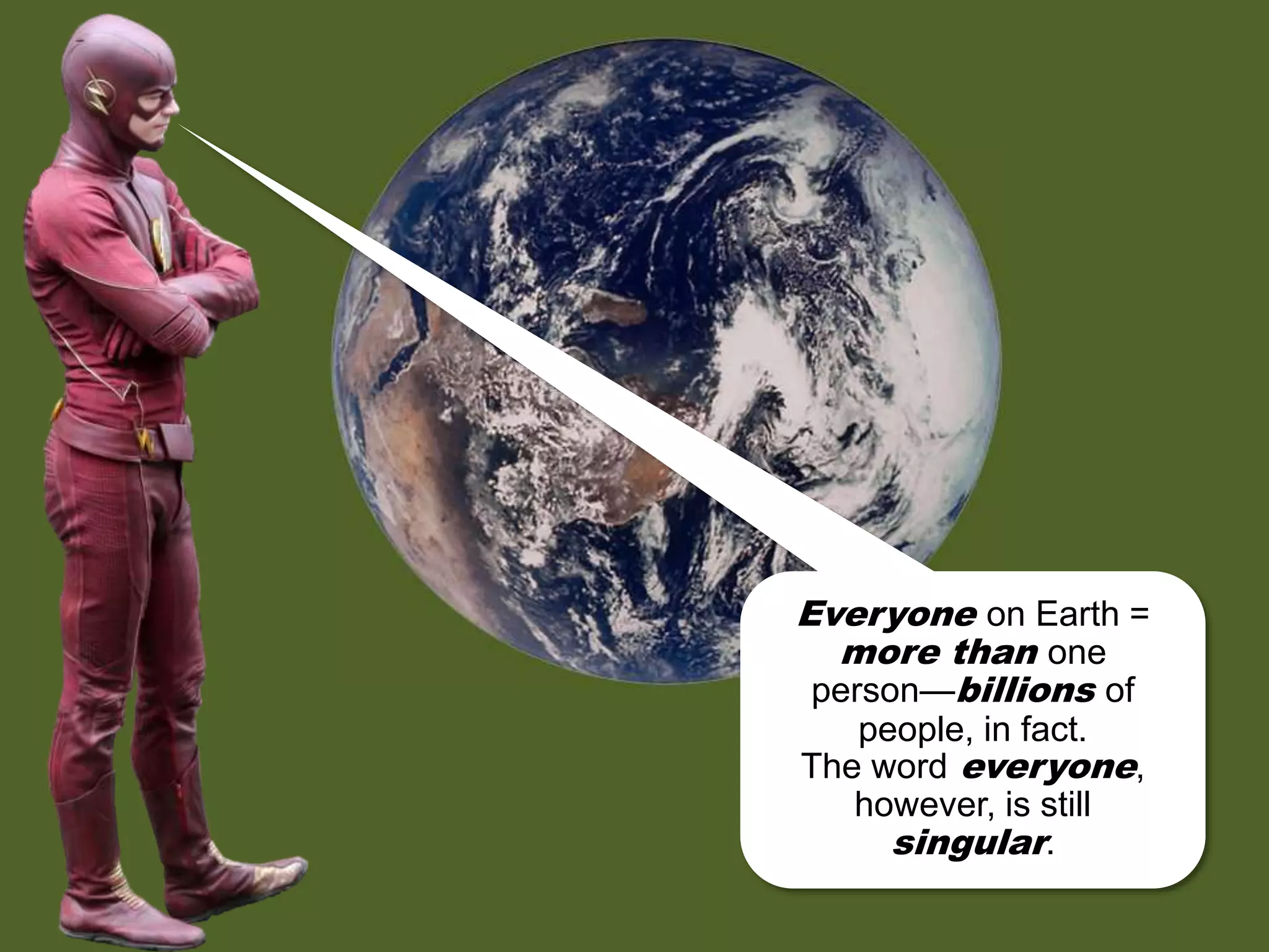 Everyone on Earth =
more than one
person—billions of
people, in fact.
The word everyone,
however, is still
singular.
 