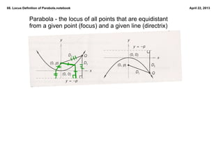 68. Locus Definition of Parabola.notebook                                April 22, 2013


              Parabola ­ the locus of all points that are equidistant 
              from a given point (focus) and a given line (directrix)


                     scan pics p 431
 