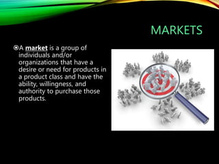 MARKETS
A market is a group of
individuals and/or
organizations that have a
desire or need for products in
a product class and have the
ability, willingness, and
authority to purchase those
products.
 