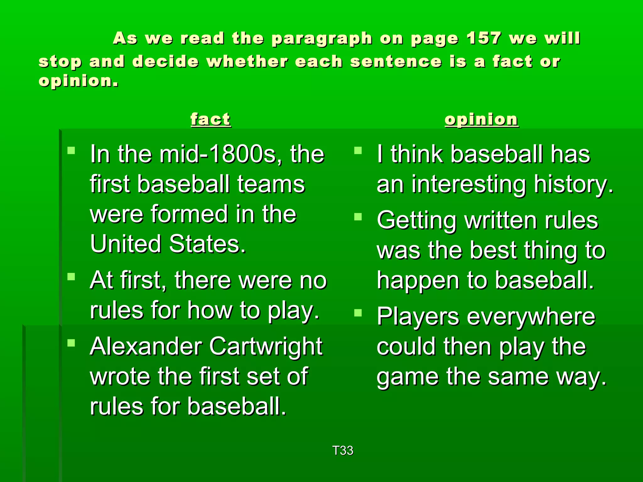AAss wwee rreeaadd tthhee ppaarraaggrraapphh oonn ppaaggee 115577 wwee wwiillll 
ssttoopp aanndd ddeecciiddee wwhheetthheerr eeaacchh sseenntteennccee iiss aa ffaacctt oorr 
ooppiinniioonn.. 
ffaacctt ooppiinniioonn 
 IInn tthhee mmiidd--11880000ss,, tthhee 
ffiirrsstt bbaasseebbaallll tteeaammss 
wweerree ffoorrmmeedd iinn tthhee 
UUnniitteedd SSttaatteess.. 
 AAtt ffiirrsstt,, tthheerree wweerree nnoo 
rruulleess ffoorr hhooww ttoo ppllaayy.. 
 AAlleexxaannddeerr CCaarrttwwrriigghhtt 
wwrroottee tthhee ffiirrsstt sseett ooff 
rruulleess ffoorr bbaasseebbaallll.. 
 II tthhiinnkk bbaasseebbaallll hhaass 
aann iinntteerreessttiinngg hhiissttoorryy.. 
 GGeettttiinngg wwrriitttteenn rruulleess 
wwaass tthhee bbeesstt tthhiinngg ttoo 
hhaappppeenn ttoo bbaasseebbaallll.. 
 PPllaayyeerrss eevveerryywwhheerree 
ccoouulldd tthheenn ppllaayy tthhee 
ggaammee tthhee ssaammee wwaayy.. 
TT3333 
 