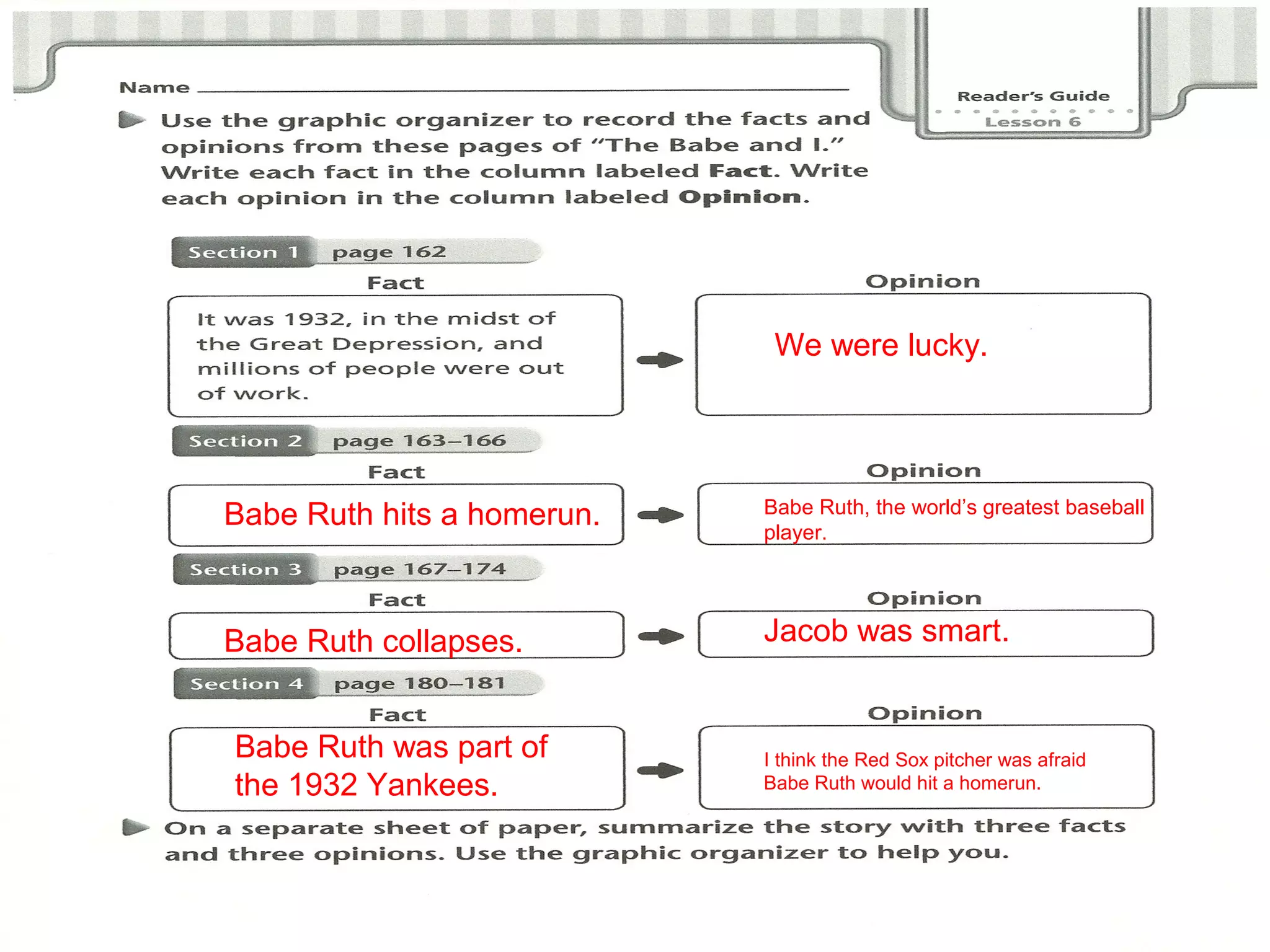 PPrraaccttiiccee BBooookk ppgg.. 4499 
We were lucky... 
Babe Ruth hits a homerun.. Babe Ruth, the world’s greatest baseball 
player... 
Babe Ruth collapses... Jacob was smart.. 
Babe Ruth was part of 
the 1932 Yankees... 
I think the Red Sox pitcher was afraid 
Babe Ruth would hit a homerun... 
 