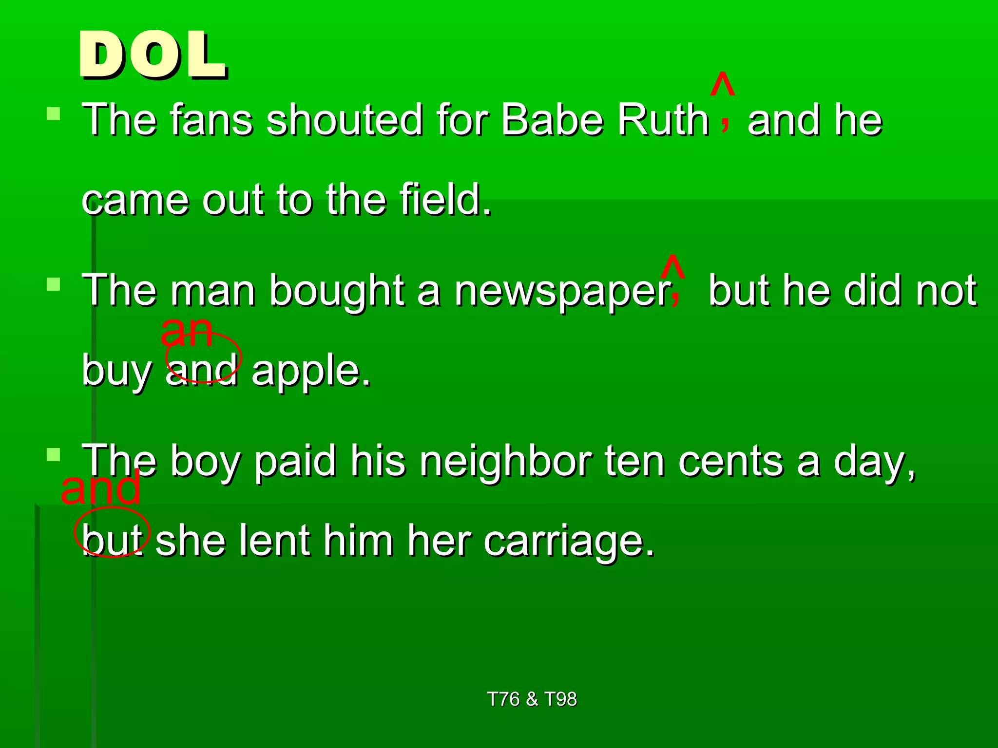 DDOOLL 
 TThhee ffaannss sshhoouutteedd ffoorr BBaabbee RRuutthh aanndd hhee 
ccaammee oouutt ttoo tthhee ffiieelldd.. 
 TThhee mmaann bboouugghhtt aa nneewwssppaappeerr bbuutt hhee ddiidd nnoott 
bbuuyy aanndd aappppllee.. 
 TThhee bbooyy ppaaiidd hhiiss nneeiigghhbboorr tteenn cceennttss aa ddaayy,, 
bbuutt sshhee lleenntt hhiimm hheerr ccaarrrriiaaggee.. 
TT7766 && TT9988 
^, 
, ^ 
an 
and 
 