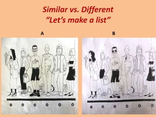 Similar vs. Different
 “Let’s make a list”
A                   B
 