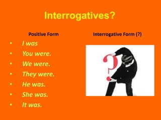 Interrogatives?
     Positive Form   Interrogative Form (?)
•   I was
•   You were.
•   We were.
•   They were.
•   He was.
•   She was.
•   It was.
 