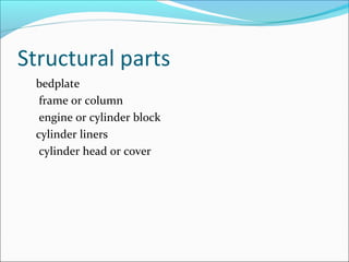 Structural parts
bedplate
frame or column
engine or cylinder block
cylinder liners
cylinder head or cover

 