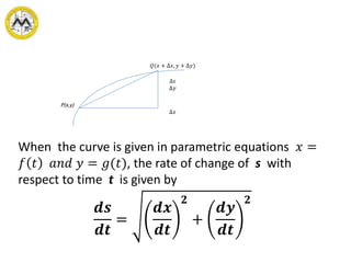 𝑄(𝑥 + ∆𝑥, 𝑦 + ∆𝑦)
∆𝑠
∆𝑦
P(x,y)
∆𝑥
When the curve is given in parametric equations 𝑥 =
𝑓 𝑡 𝑎𝑛𝑑 𝑦 = 𝑔(𝑡), the rate of change of s with
respect to time t is given by
𝒅𝒔
𝒅𝒕
=
𝒅𝒙
𝒅𝒕
𝟐
+
𝒅𝒚
𝒅𝒕
𝟐
 