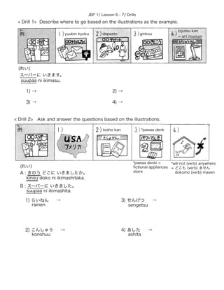 JBP 1/ Lesson 6 - 7/ Drills
(れい)
スーパーに いきます。
1) → 2) →
3) → 4) →
(れい)
A : きのう どこに いきましたか。
B : スーパーに いきました。
1) らいねん →
2) こんしゅう →
suupaa ni ikimasu.
kinou doko ni ikimashitaka.
< Drill 2> Ask and answer the questions based on the illustrations.
suupaa ni ikimashita.
rainen
konshuu
bijutsu kan
= art musium
*pawaa denki =
ﬁctional appliances
store
< Drill 1> Describe where to go based on the illustrations as the example.
3) せんげつ →
4) あした →
sengetsu
ashita
*will not (verb) anywhere
= どこも (verb) ません
dokomo (verb) masen
yuubin kyoku depaato ginkou
*pawaa denktosho kan
 