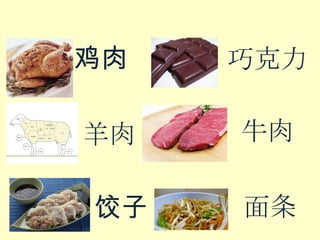 鸡肉

巧克力

羊肉

牛肉

饺子

面条
喝 hē

 
