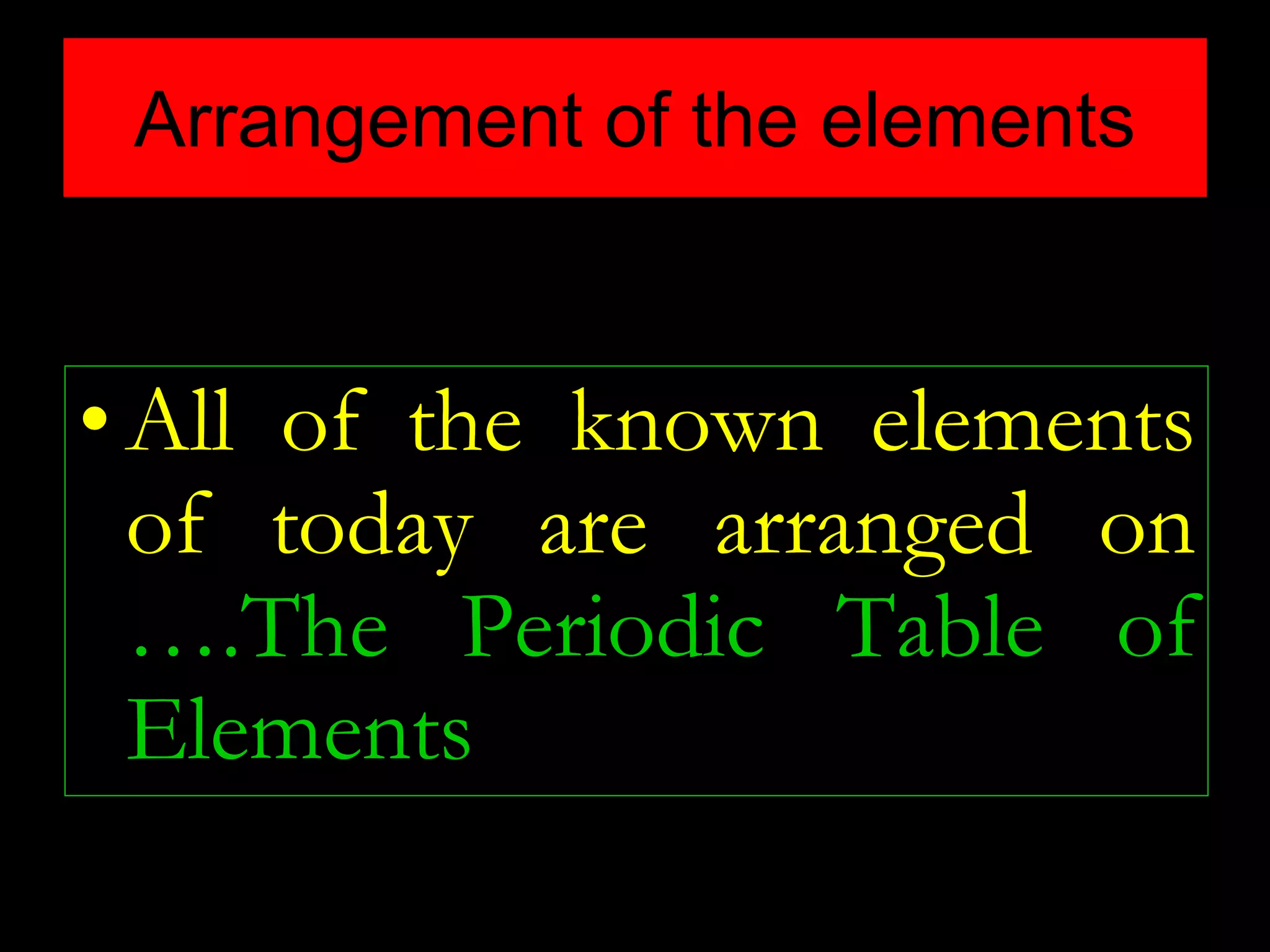 Arrangement of the elements
•All of the known elements
of today are arranged on
….The Periodic Table of
Elements
 