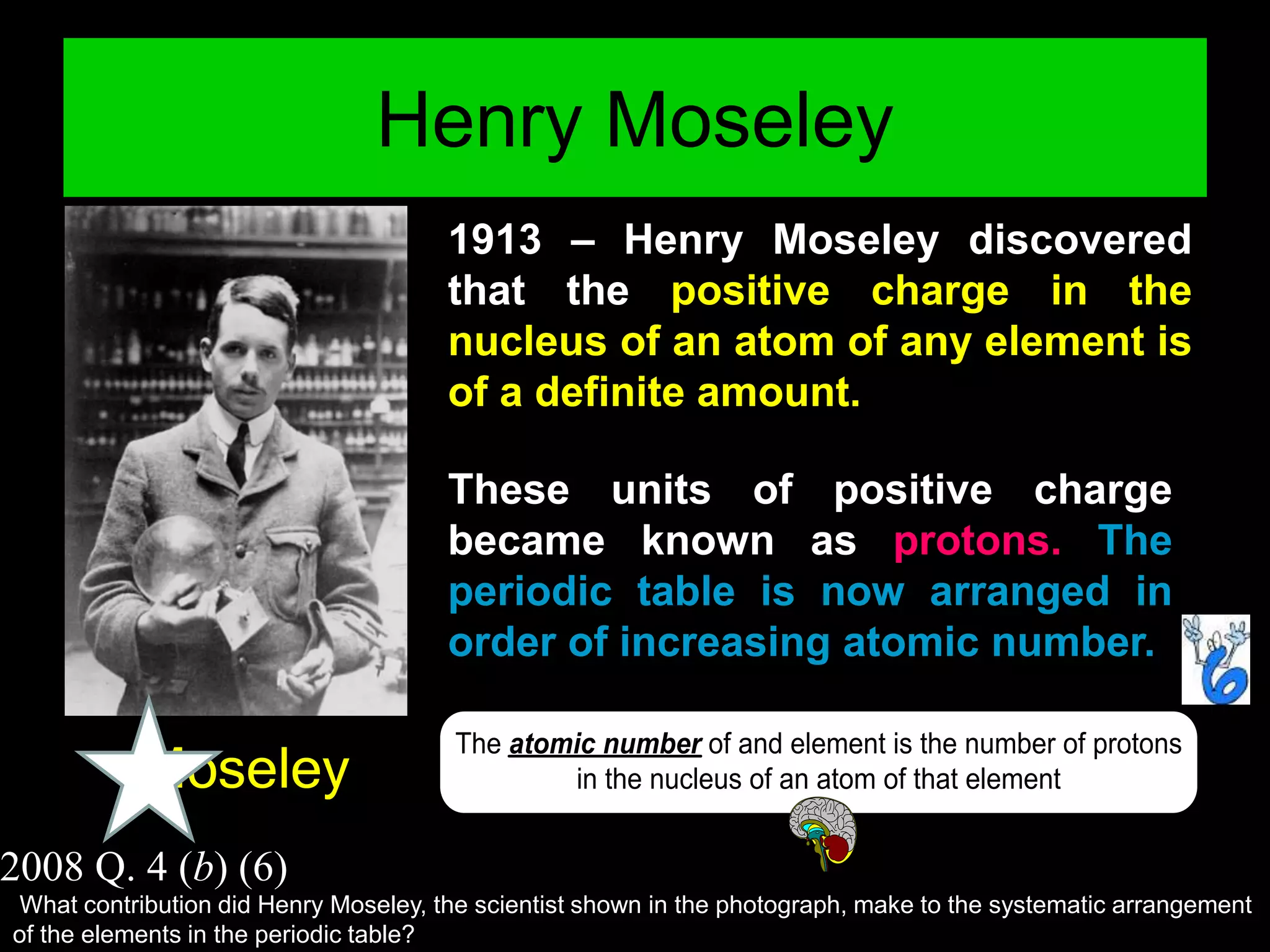 Henry Moseley
Moseley
1913 – Henry Moseley discovered
that the positive charge in the
nucleus of an atom of any element is
of a definite amount.
These units of positive charge
became known as protons. The
periodic table is now arranged in
order of increasing atomic number.
The atomic number of and element is the number of protons
in the nucleus of an atom of that element
Definition
2008 Q. 4 (b) (6)
What contribution did Henry Moseley, the scientist shown in the photograph, make to the systematic arrangement
of the elements in the periodic table?
 