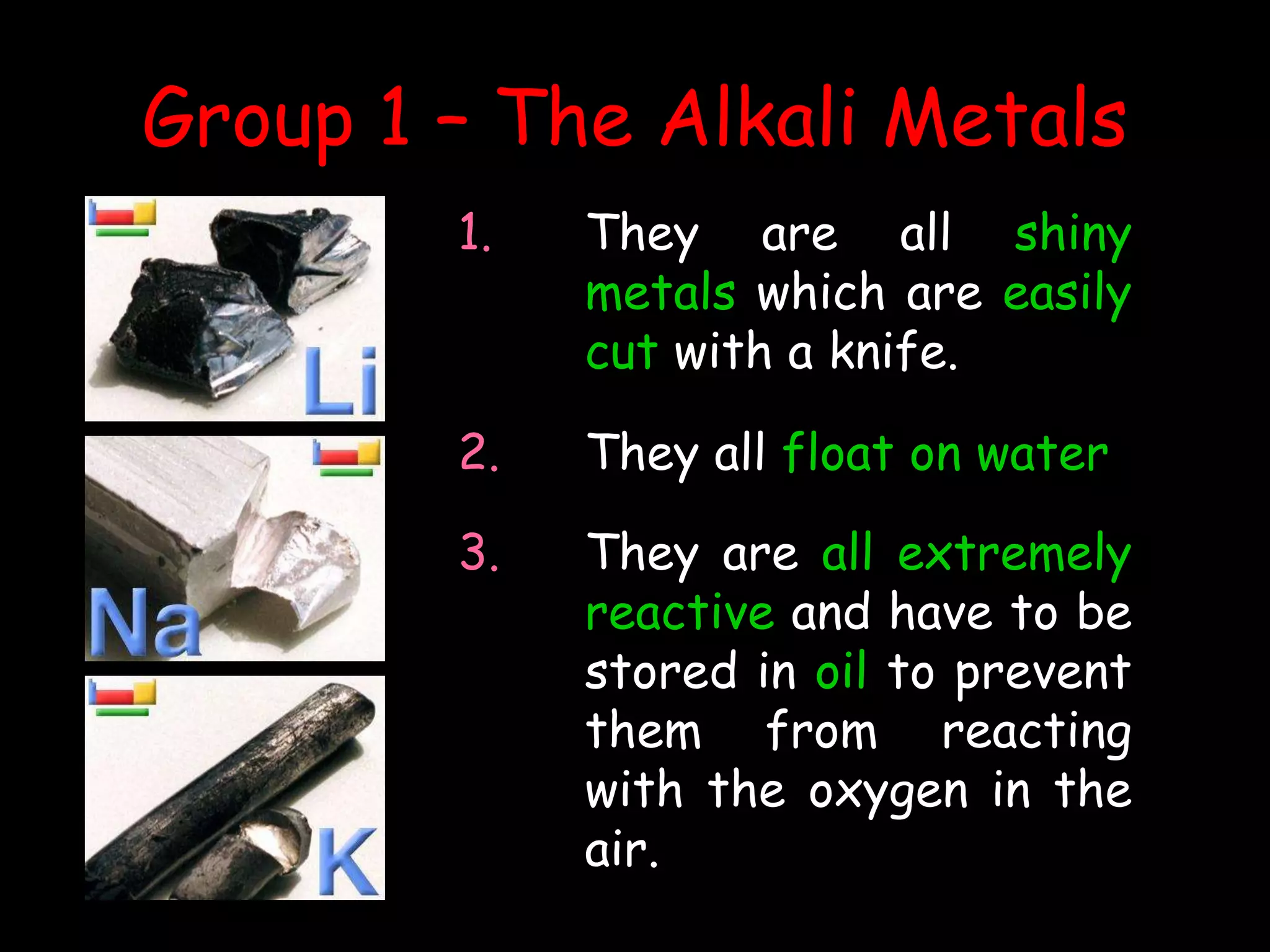 Group 1 – The Alkali Metals
2. They all float on water
1. They are all shiny
metals which are easily
cut with a knife.
3. They are all extremely
reactive and have to be
stored in oil to prevent
them from reacting
with the oxygen in the
air.
 
