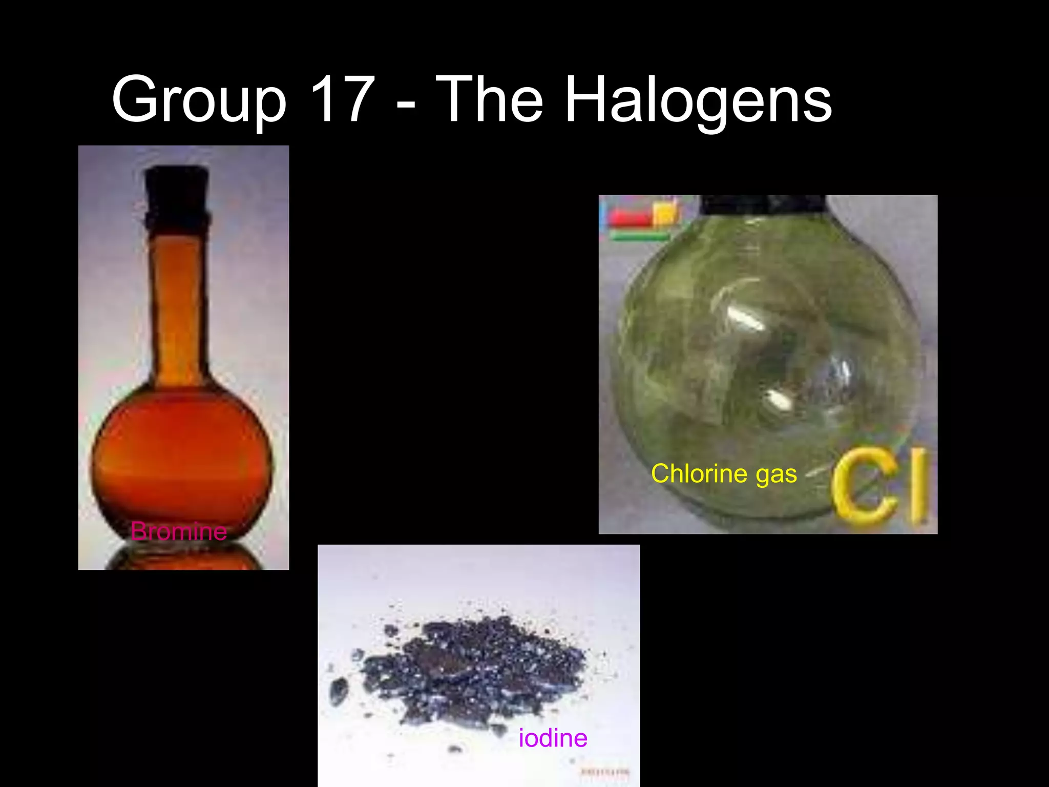 Bromine
Chlorine gas
iodine
Group 17 - The Halogens
 