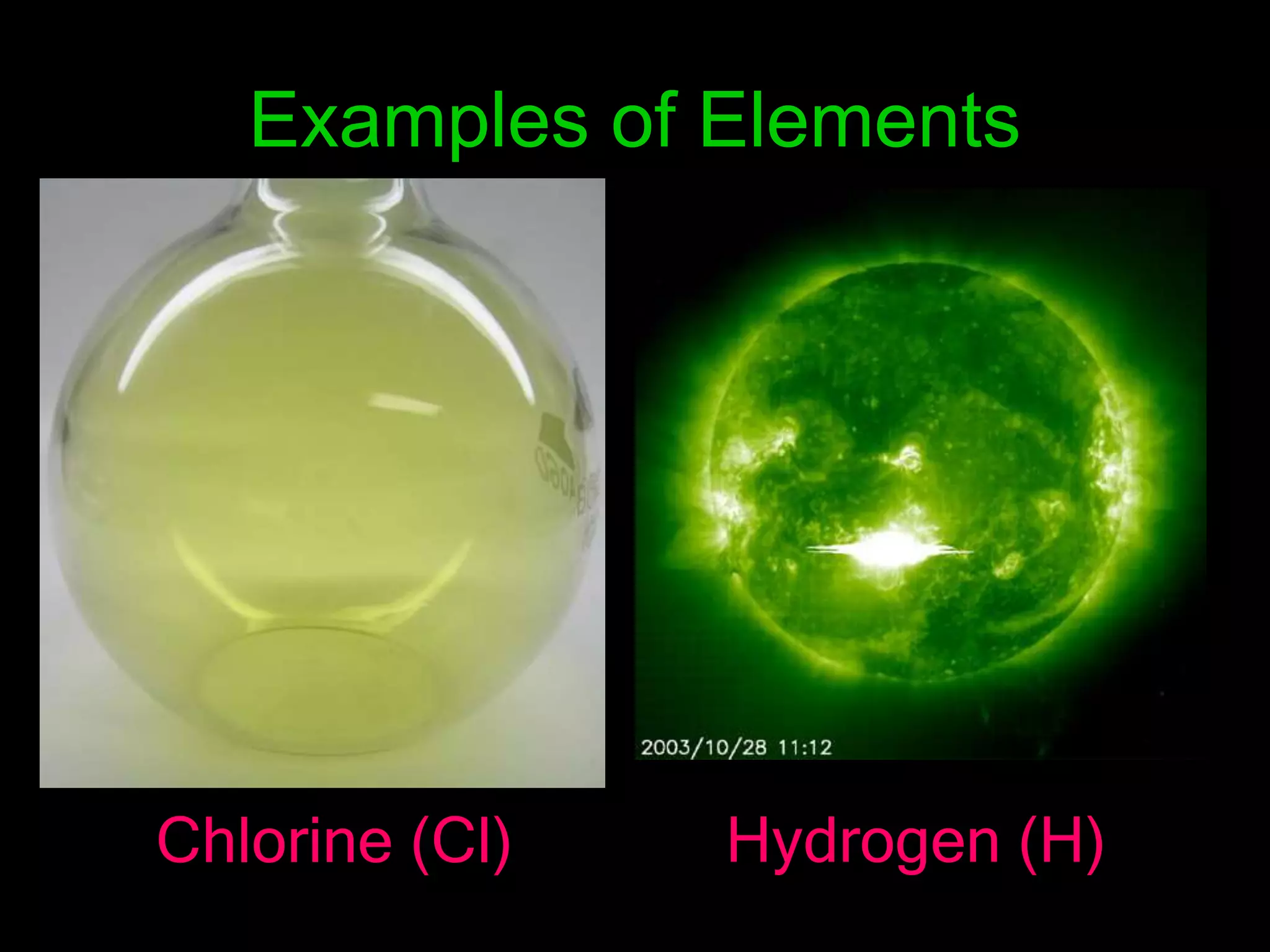 Examples of Elements
Chlorine (Cl) Hydrogen (H)
 