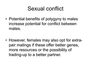 Sexual conflict
• Potential benefits of polygyny to males
increase potential for conflict between
mates.
• However, females may also opt for extra-
pair matings if these offer better genes,
more resources or the possibility of
trading-up to a better partner.
 