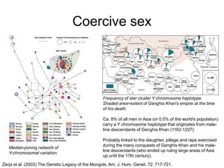 Coercive sex
Frequency of star cluster Y chromosome haplotype.
Shaded area=extent of Genghis Khan's empire at the time
of his death.
Ca. 8% of all men in Asia (or 0.5% of the world's population)
carry a Y chromosome haplotype that originates from male-
line descendants of Genghis Khan (1162-1227).
Probably linked to the slaughter, pillage and rape exercised
during the many conquests of Genghis Khan and his male-
line descendants (who ended up ruling large areas of Asia
up until the 17th century).
Median-joining network of
Y-chromosomal variation.
Zerja et al. (2003) The Genetic Legacy of the Mongols. Am. J. Hum. Genet. 72: 717-721.
 