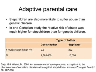 Adaptive parental care
Daly, M & Wilson, M. 2001. An assessment of some proposed exceptions to the
phenomenon of nepotistic discrimination against stepchildren. Annales Zoologici Fennici
38: 287-296.
Type of father
Genetic father Stepfather
# murders per million / yr 2.6 322
N 1,665,000 10,000
• Stepchildren are also more likely to suffer abuse than
genetic children.
• In one Canadian study the relative risk of abuse was
much higher for stepchildren than for genetic children.
 