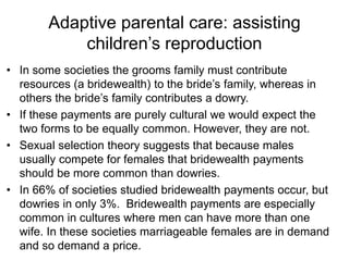 Adaptive parental care: assisting
children’s reproduction
• In some societies the grooms family must contribute
resources (a bridewealth) to the bride’s family, whereas in
others the bride’s family contributes a dowry.
• If these payments are purely cultural we would expect the
two forms to be equally common. However, they are not.
• Sexual selection theory suggests that because males
usually compete for females that bridewealth payments
should be more common than dowries.
• In 66% of societies studied bridewealth payments occur, but
dowries in only 3%. Bridewealth payments are especially
common in cultures where men can have more than one
wife. In these societies marriageable females are in demand
and so demand a price.
 