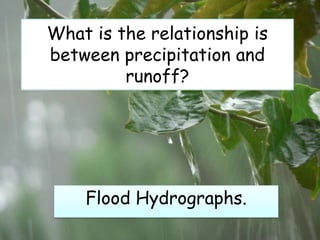 What is the relationship is
between precipitation and
runoff?
Flood Hydrographs.
 