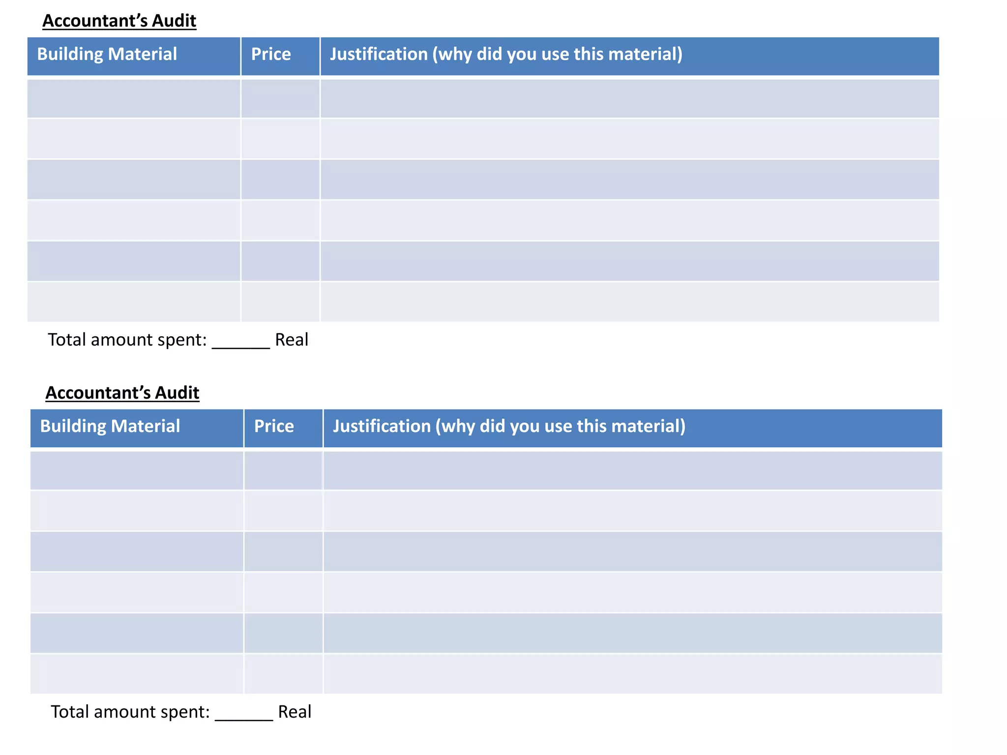 Accountant’s Audit
Building Material Price Justification (why did you use this material)
Total amount spent: ______ Real
Accountant’s Audit
Building Material Price Justification (why did you use this material)
Total amount spent: ______ Real
 