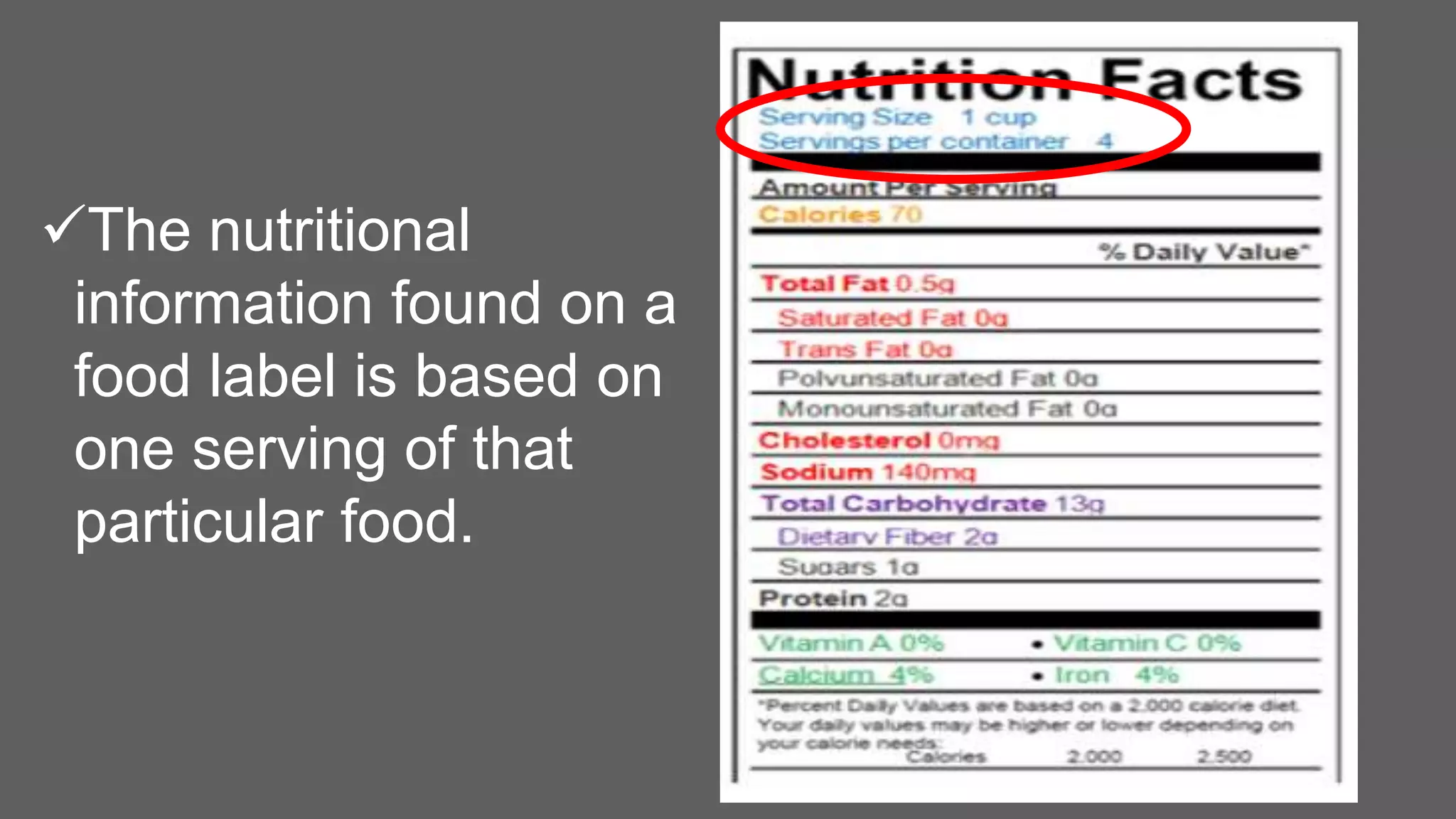 The nutritional
information found on a
food label is based on
one serving of that
particular food.