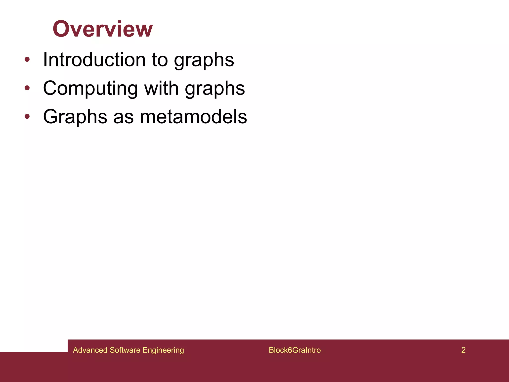 Overview
• Introduction to graphs
• Computing with graphs
• Graphs as metamodels
Block6GraIntro 2
Advanced Software Engineering
 