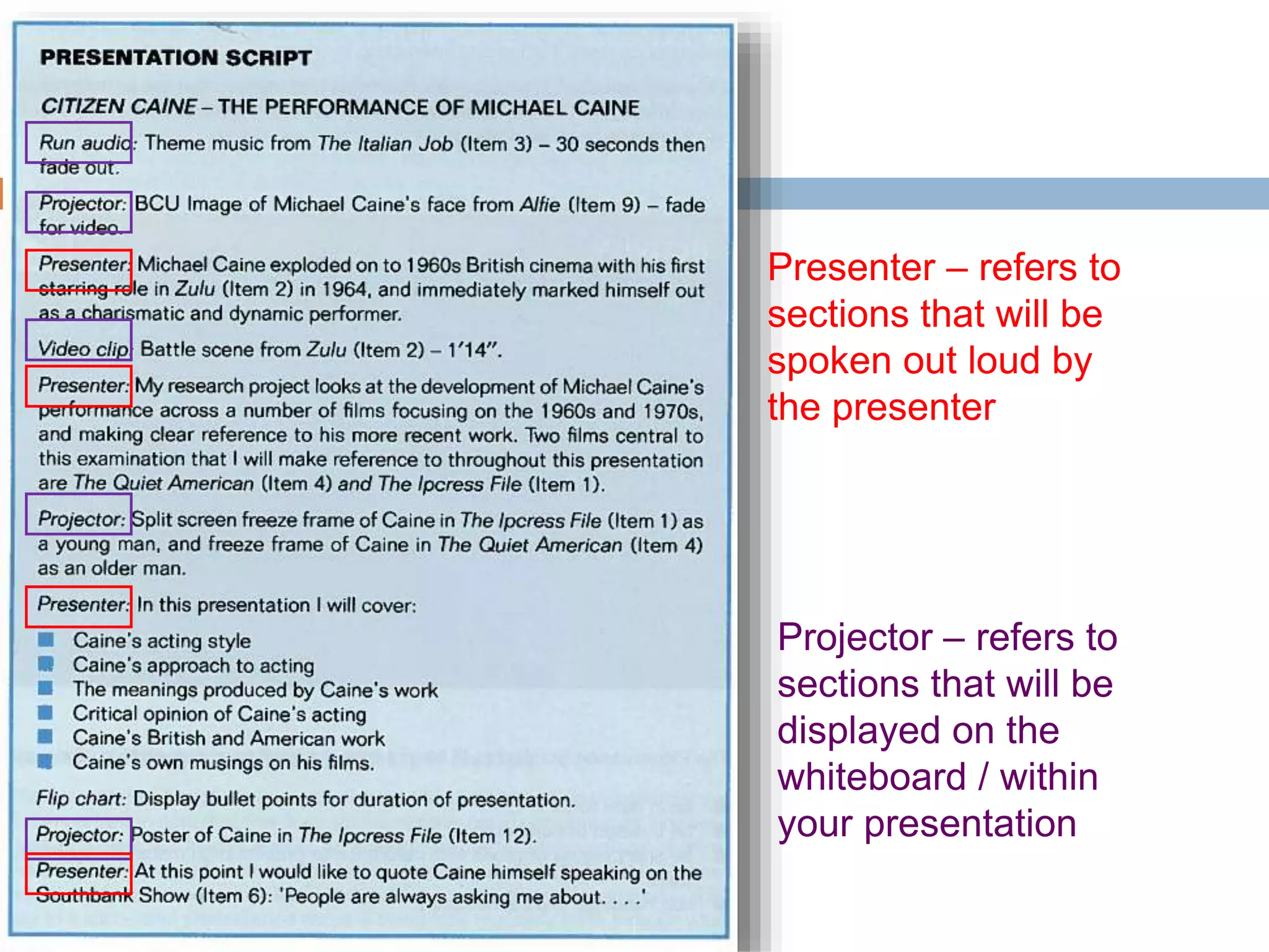 Presenter – refers to
sections that will be
spoken out loud by
the presenter
Projector – refers to
sections that will be
displayed on the
whiteboard / within
your presentation
 