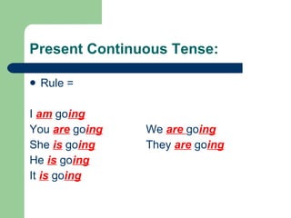Present Continuous Tense: Rule =  I  am  go ing You  are  go ing We  are  go ing She  is  go ing They  are  go ing He  is  go ing It  is  go ing 