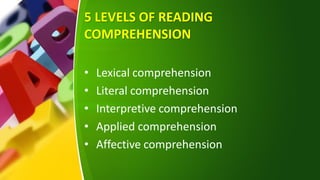 Developmental reading Lesson 6 levels of comprehension | PPT