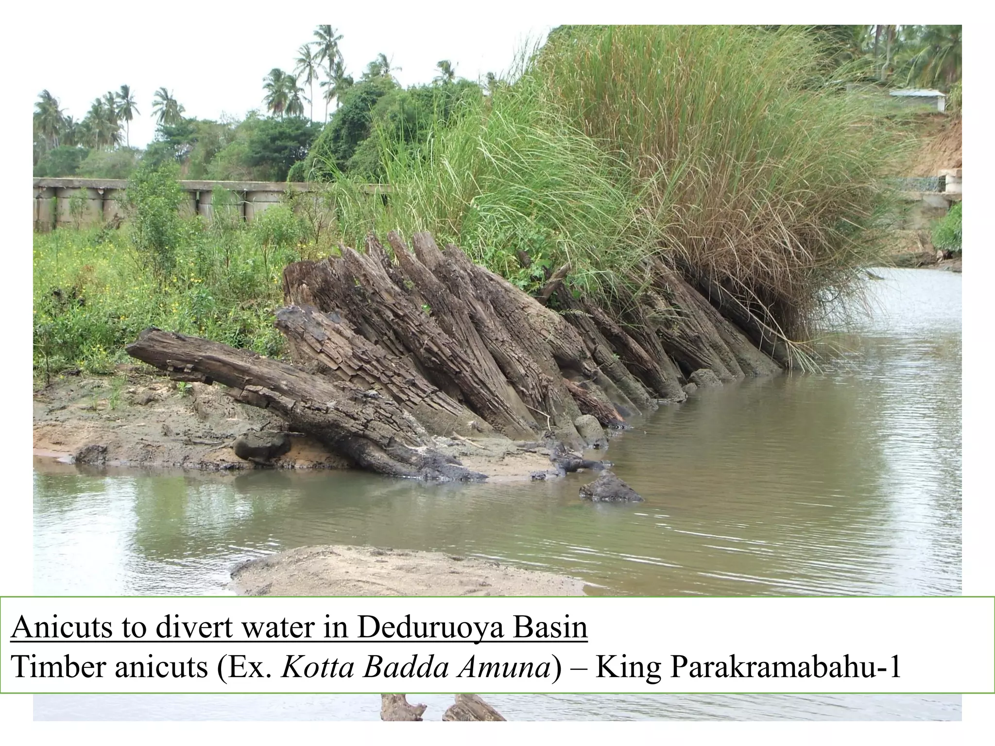 Anicuts to divert water in Deduruoya Basin
Timber anicuts (Ex. Kotta Badda Amuna) – King Parakramabahu-1
 