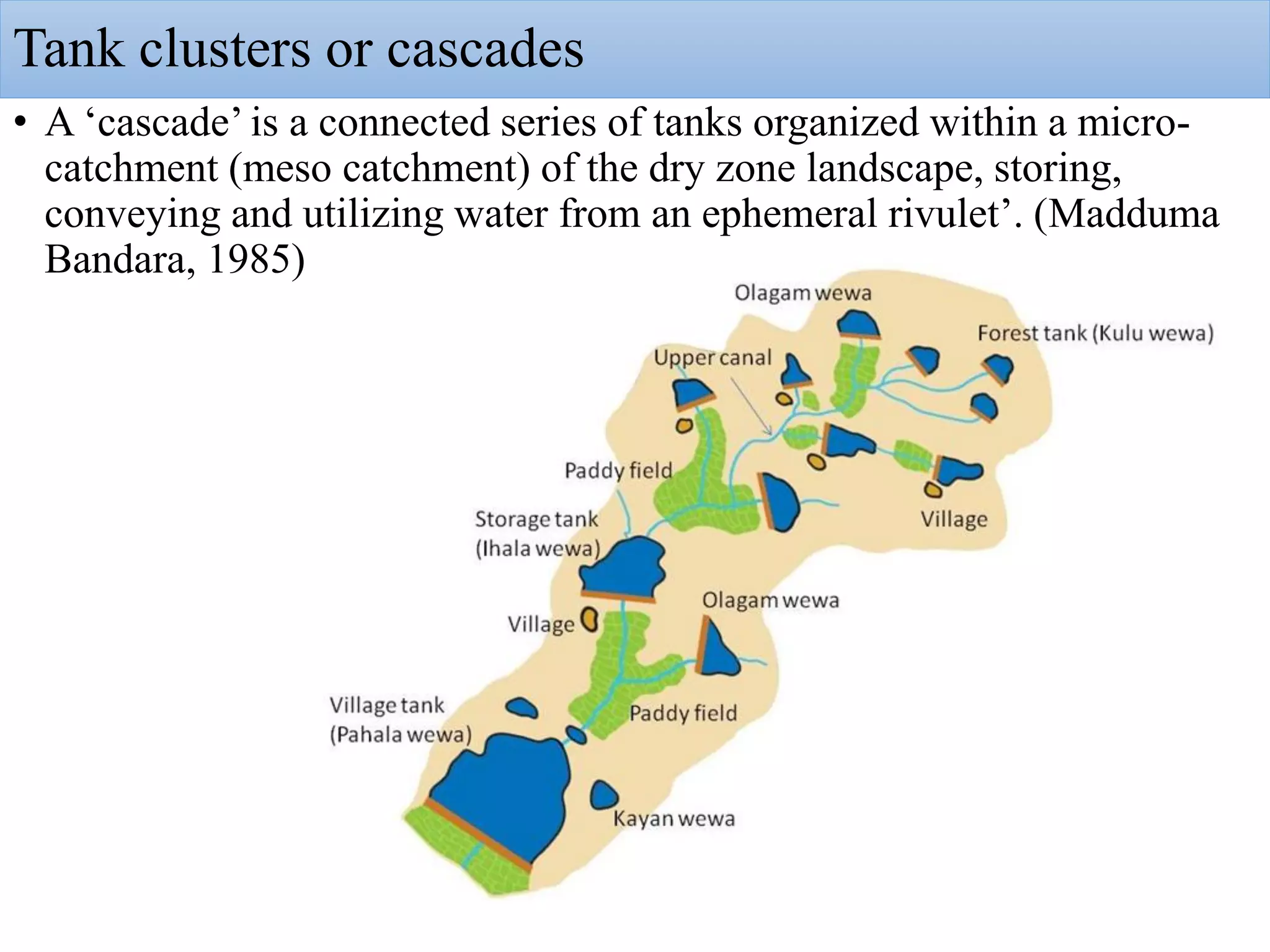 Tank clusters or cascades
• A ‘cascade’ is a connected series of tanks organized within a micro-
catchment (meso catchment) of the dry zone landscape, storing,
conveying and utilizing water from an ephemeral rivulet’. (Madduma
Bandara, 1985)
 