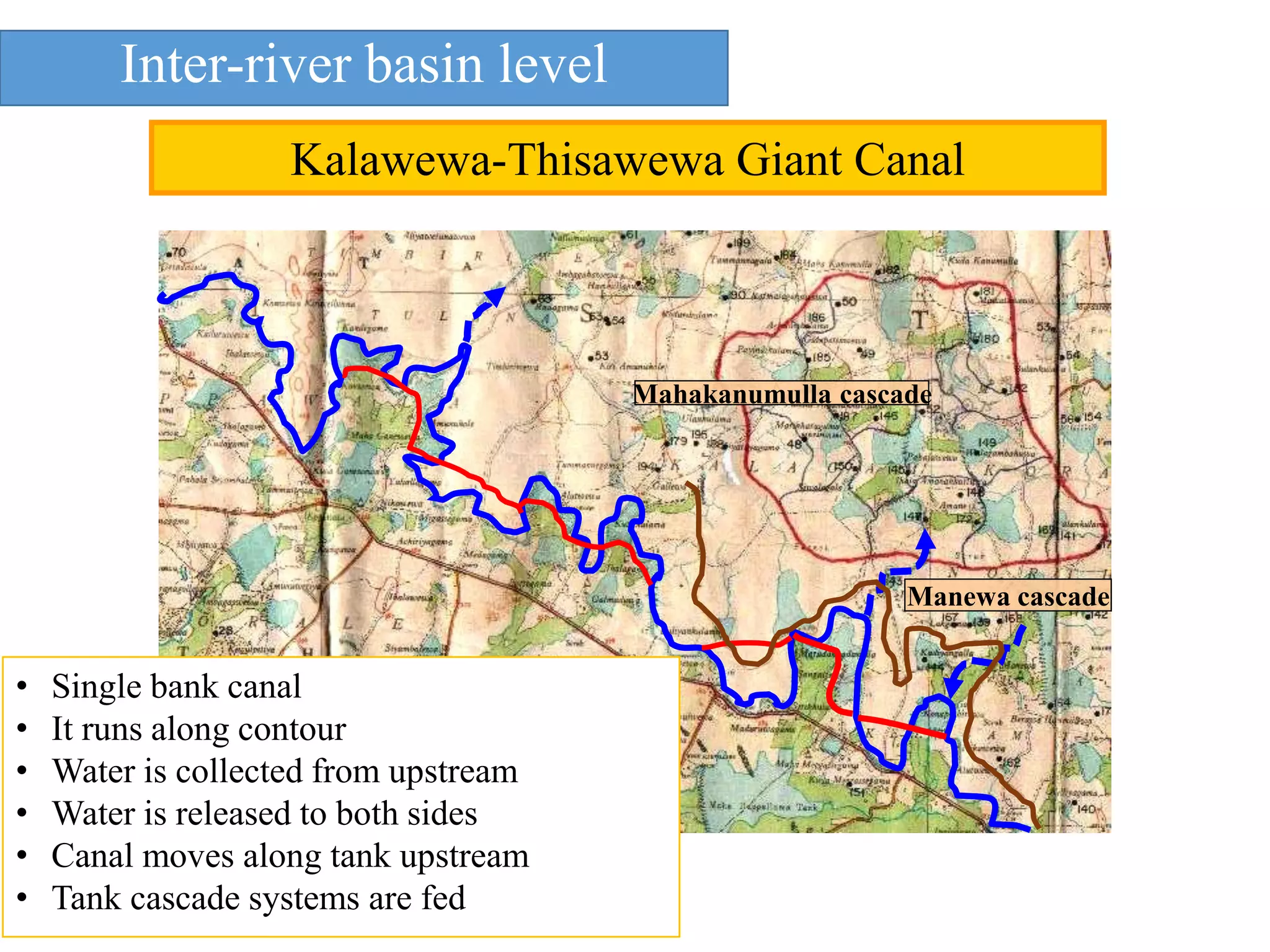 Manewa cascade
Mahakanumulla cascade
• Single bank canal
• It runs along contour
• Water is collected from upstream
• Water is released to both sides
• Canal moves along tank upstream
• Tank cascade systems are fed
Kalawewa-Thisawewa Giant Canal
Inter-river basin level
 