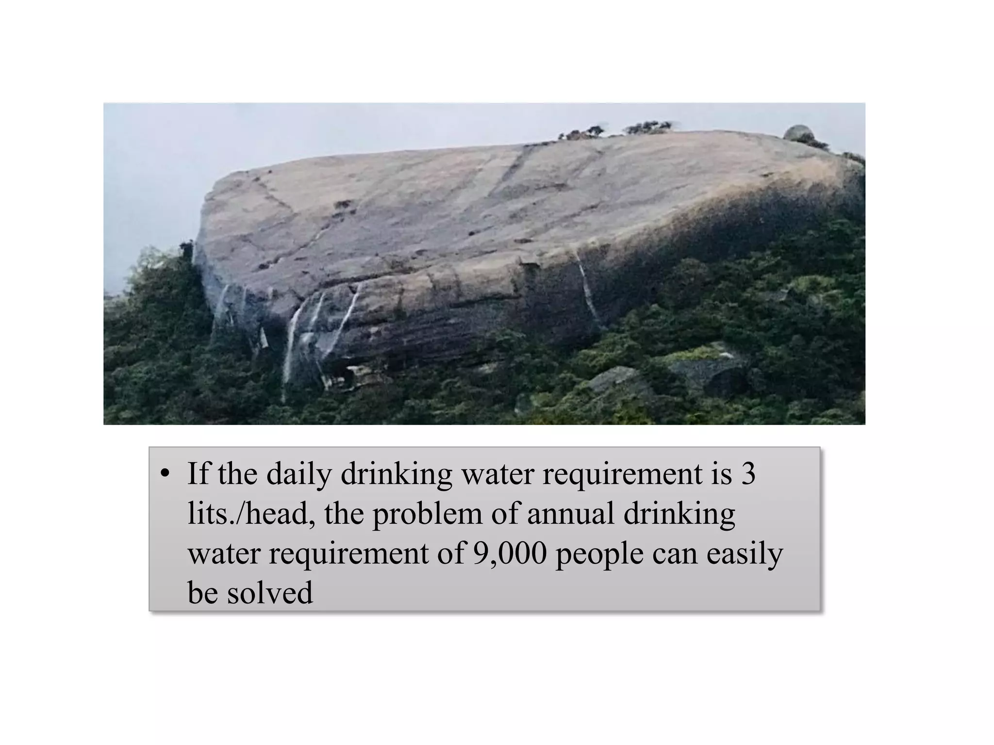 • If the daily drinking water requirement is 3
lits./head, the problem of annual drinking
water requirement of 9,000 people can easily
be solved
 