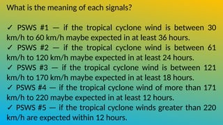 What is the meaning of each signals?
✓ PSWS #1 — if the tropical cyclone wind is between 30
km/h to 60 km/h maybe expected in at least 36 hours.
✓ PSWS #2 — if the tropical cyclone wind is between 61
km/h to 120 km/h maybe expected in at least 24 hours.
✓ PSWS #3 — if the tropical cyclone wind is between 121
km/h to 170 km/h maybe expected in at least 18 hours.
✓ PSWS #4 — if the tropical cyclone wind of more than 171
km/h to 220 maybe expected in at least 12 hours.
✓ PSWS #5 — if the tropical cyclone winds greater than 220
km/h are expected within 12 hours.
 