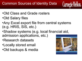 Common Sources of Identity Data
•Old Class and Grade rosters
•Old Salary files
•Any Excel export file from central systems
(e.g. HRIS, SIS, etc.)
•Shadow systems (e.g. local financial aid,
admission applications, etc.)
•Research datasets
•Locally stored email
•Old backups & media
 
