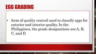 EGG GRADING
• form of quality control used to classify eggs for
exterior and interior quality. In the
Philippines, the grade designations areA, B,
C, and D
 